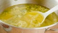 Pot of cauliflower broccoli soup close-up. Delicious homemade vegetarian soup Royalty Free Stock Photo