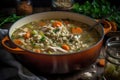 Pot Of Chicken And Barley Soup. Generative AI Royalty Free Stock Photo