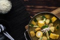 Pot of chicken soup with potato and corn Royalty Free Stock Photo