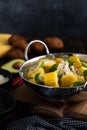 Pot of chicken soup with potato and corn Royalty Free Stock Photo