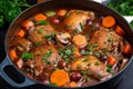 pot of Coq au Vin bubbling on the stove with tender chicken, carrots, and celery in a rich red wine sauce