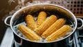 A pot of corn on the cob being cooked in a pan, AI Royalty Free Stock Photo