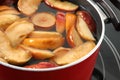 Pot of delicious compot with dried apple on stove