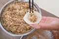 A pot of dumpling stuffing and two hands are making dumplings Royalty Free Stock Photo