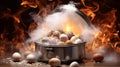 Pot of eggs amidst flames and smoke. Concept of cooking danger, kitchen mishap, culinary disaster, high heat