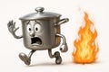 A pot with a face running away from the flames. Royalty Free Stock Photo
