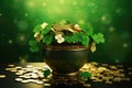 Pot Filled With Gold Coins And Shamrock Leaves For St Patricks Day Abstract Green Background Digital