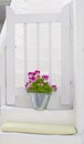 A pot of flowers on a white staircase