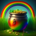 Pot full of gold coins at the end of a rainbow. Royalty Free Stock Photo