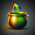 Pot full of gold coins at the end of a rainbow. Royalty Free Stock Photo