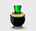 Pot full of golden coins and green hat isolated on transparent Royalty Free Stock Photo