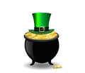 pot full of golden coins and green hat isolated on white background Royalty Free Stock Photo