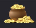 Pot of gold coins. Ceramic cauldron full of shiny golden coin, medieval mystery treasures for game cartoon vector