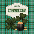 Pot with gold coins and clover image. Greeting inscription St. Patrick`s Day. Background in the Irish style