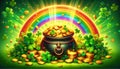 Pot of gold coins, clover leaves and rainbow on green background. St. Patrick's Day banner. Royalty Free Stock Photo