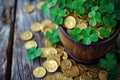 Pot of gold coins and Green Four Leaf Clovers Saint Patrick\'s Day theme