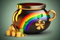 Pot with gold coins, horseshoe and clover leaves, St. Patrick\'s Day concept Royalty Free Stock Photo