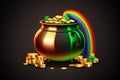Pot with gold coins, horseshoe and clover leaves, St. Patrick\'s Day concept Royalty Free Stock Photo