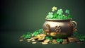 Pot with gold coins, horseshoe and clover leaves, St. Patrick's Day concept Royalty Free Stock Photo