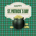 Pot of gold coins. Image of clover. Greeting inscription with Denham St. Patrick. Background in the Irish style