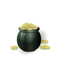 Pot of gold coins. Image of clover. St.Patrick s Day. Isolated on white background. illustration