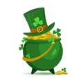 Pot with gold coins, leprechaun hat and shamrock isolated on white background. St. Patrick`s day concept. Vector illustration for Royalty Free Stock Photo