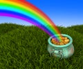 Pot of gold coins on a meadow under the rainbow. Royalty Free Stock Photo