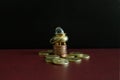 A pot of gold and a crystal stone on top of a stack coins Royalty Free Stock Photo