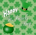 Illustration of St. Patrick`s Day greetings on clover leaf background