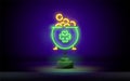 Pot of gold neon light icon. Leprechaun treasure. Saint Patrick Day. Glowing sign with alphabet, numbers and symbols Royalty Free Stock Photo