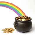 Pot of gold with rainbow above it isolated on white background Royalty Free Stock Photo