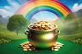 A pot of gold with a rainbow in the background, St. Patrick\'s Day Royalty Free Stock Photo