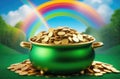 A pot of gold with a rainbow in the background, St. Patrick\'s Day Royalty Free Stock Photo