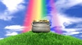 Pot Of Gold And Rainbow On Grassy Hill Royalty Free Stock Photo