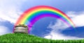 Pot Of Gold And Rainbow On Grassy Hill Royalty Free Stock Photo