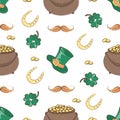 POT OF GOLD Saint Patrick`s Day Seamless Pattern Vector