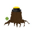 Pot of gold in stump. Treasure of leprechaun. Illustration for S