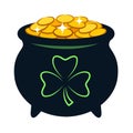 Pot of gold vector cartoon illustration. Black pot filled with sparkling golden coins, with shamrock clover sign on side. Irish,