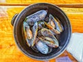 A pot of green-lipped mussells on a wooden table in New Zealand Royalty Free Stock Photo