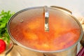 Pot with a homemade appetizing and tasty borsch. Red beetroot vegetable soup, boiling in a saucepan. Covered on top lid. Royalty Free Stock Photo