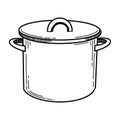 Pot with a lid in vector format for kitchen design. The saucepan is drawn in vector with a black outline on a white Royalty Free Stock Photo