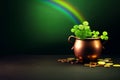 Pot of luck with coins, shamrocks and clovers, Banner, St. Patrick\'s Day,Generative AI