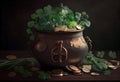 Pot of luck with coins shamrocks and clovers illustration. AI generative