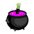 Pot with magical potion and hand zombie. Witch accessory. Hallow