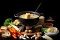 Pot with melted cheese fondue and vegetable ingredients. Generative AI