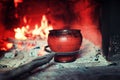 Pot in the oven and oven fork Royalty Free Stock Photo