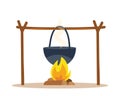 Pot over the campfire. Camping, outdoor cooking. Vector illustration Royalty Free Stock Photo