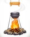 Pot over the campfire. 3d vector icon