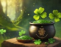 Pot Overflowing With Green Sequins And Floating Clover Leaves In An Enchanted Forest Royalty Free Stock Photo