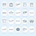 Pot, pan and steamer flat line icons. Restaurant professional equipment signs. Kitchen utensil - wok, saucepan Royalty Free Stock Photo